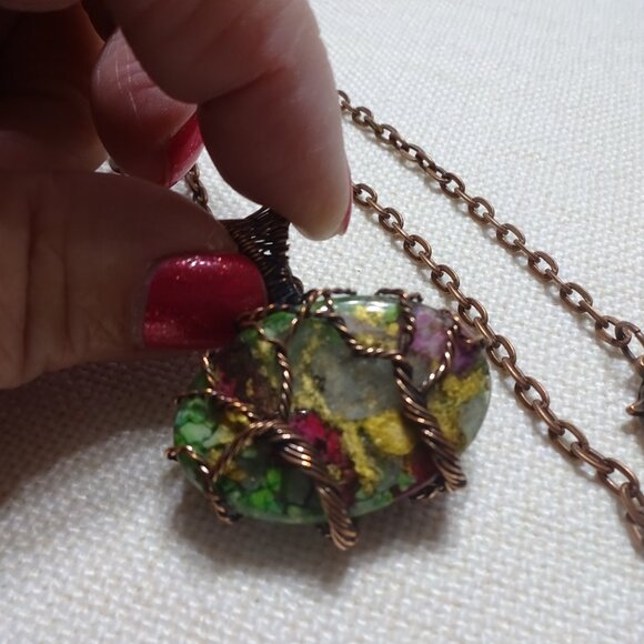 Rustic OYSTER TURQUOISE Handmade COPPER WIRE-WRAPPED Pendant/Chain #804B - Picture 2 of 3